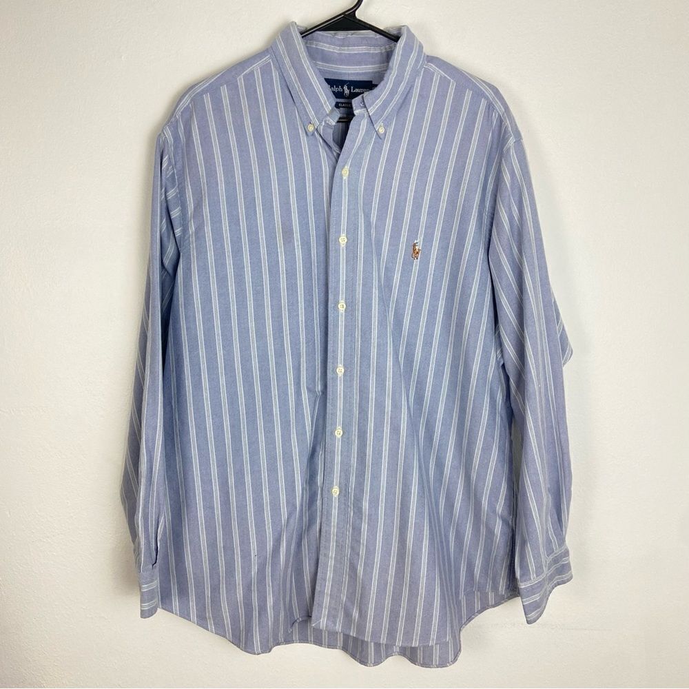 Men’s Ralph Lauren Blue Label‎ Classic Fit Shirt
Blue Striped Chambray Size 17.5